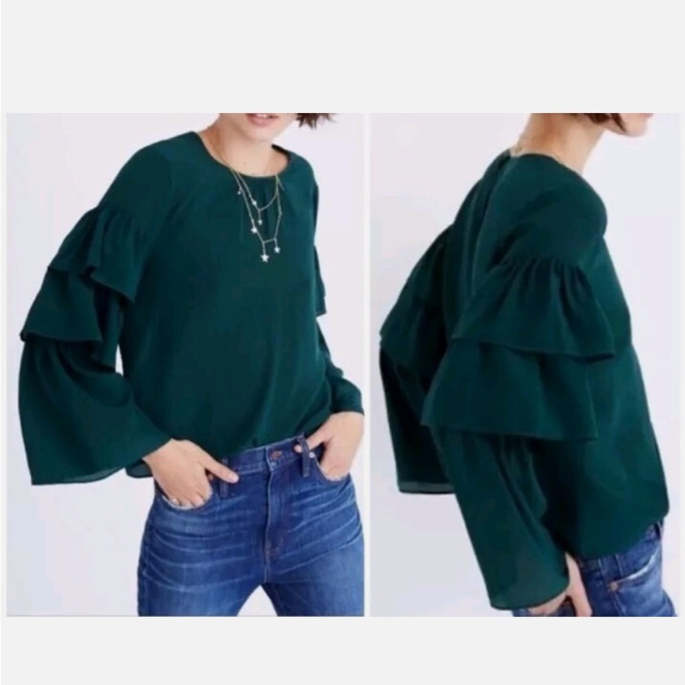• Madewell • Women’s Ruffle Sleeve Silk Top 
Green Small